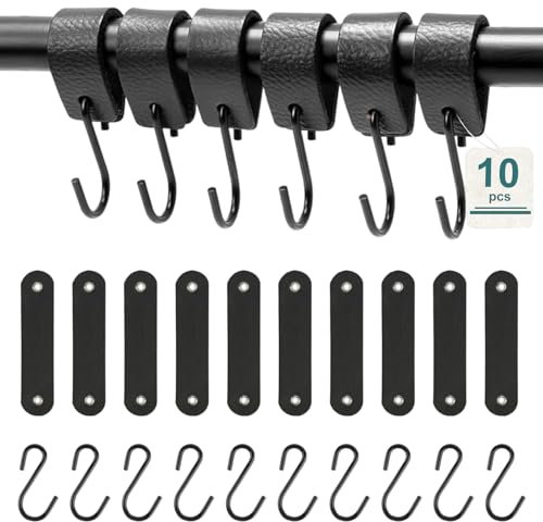 Vyanveo 10 Pièces Crochet en S avec Boucle en Cuir, Crochet Camping Cuir en Acier Inoxydable Crochets de Suspension pour Garde-Robe, Cuisine, Salle de Bain et Camping