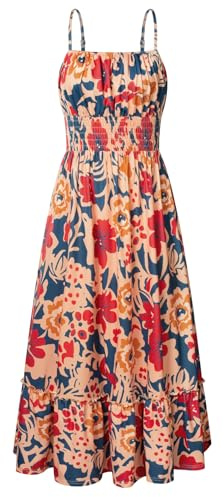 GRACE KARIN Summer Dresses for Women 2026 Vacation,Smocked Floral Maxi Dresses,Boho Beach Long Sundress Navy Brown XXL