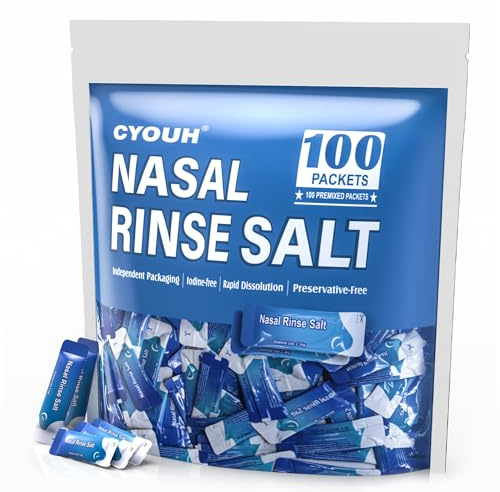 CYOUH 100PCS Vacuum-Packed Salt Saline Packets Sinus Nasal Rinse for Neti Pot, Individually Wrapped 2.34g Nasal Wash Irrigation System Nose Cleaner Saline Refill Packets