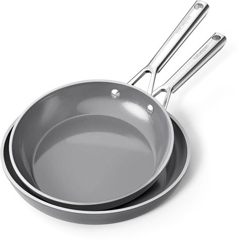 naturepan Diamond-Titanium Ceramic Nonstick Frying Pan Set, 2-Piece (24 & 28cm), PFAS & PTFE & PFOA Free, Stainless Steel Handle, Dishwasher/Oven Safe, Grey