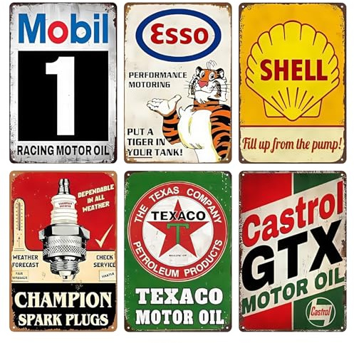 WIYETY 6er Set Retro Garagen Blechschilder: 20x30cm Garage Metallschilder Retro, Metall Wandschilder Vintage, Dekorativ Dekoschilder für Werkstatt für Hauswand Raumdekoration Bar Deko