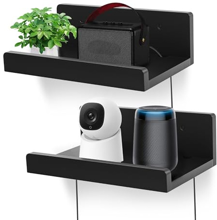 FURAOMEILI Floating Wall Shelves Set of 2, 12-Inch Solid Wood Shelves with Cable Holes, Small Display Shelf for Router, Webcam, Smart Speaker, Camera – Black