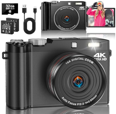 Digitalkamera 4K 64MP Autofokus Fotoapparat mit 32GB Karte 18X Digitalzoom Kompakte Kamera mit 2,8'' 180° Klappbildschirm & 2 Batterien Fotokamera für Teenager, Anfänger und Erwachsene