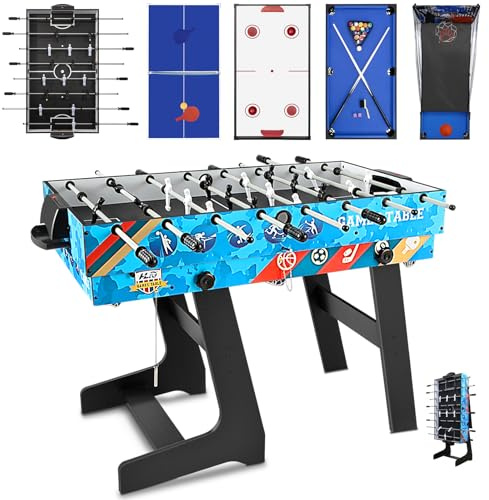Mesa de Juegos Multifunción Plegable (123 cm) – 5-en-1: Futbolín, Air-Hockey, Billar, Tenis de Mesa, Baloncesto – para 2-4 Personas – Salón, Fiestas, Ocio