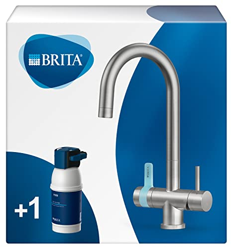 BRITA 3-Way – Grifo de Cocina con Sistema de Filtración Integrado | Acero Inoxidable Redondo | Incluye Filtro BRITA P1000 | Agua filtrada, del grifo y sin instalaciones complicadas