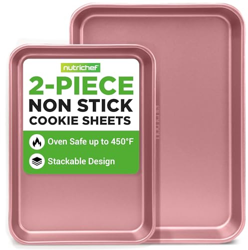 NutriChef 2-Piece Nonstick Cookie Sheets for Baking - Premium Medium & Large Size Baking Sheet Set - Thick Carbon Steel Bakeware Trays - Dishwasher Safe, Rose Gold
