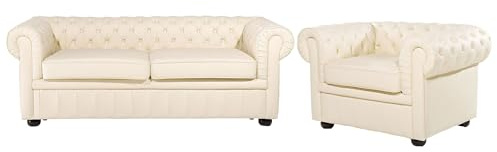 Beliani Conjunto de sofás para salón Chesterfield tapizado en Cuero Crema con Patas de Madera Oscura sofá 3 plazas y un sillón Chesterfield