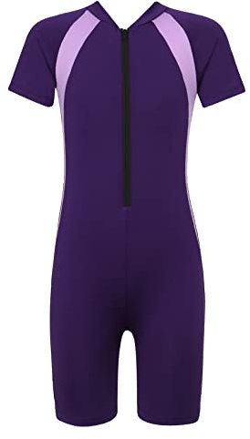 ranrann Barn flickor kortärmad baddräkt 1 del anti-UV UPF 50+ dragkedja lekhage surfing simning strand utslagsskydd 6–16 år, Färg: blå, 10-12 �r