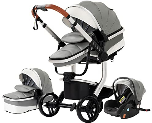 3 en 1 Sistema de Viaje Para Bebé 3 en 1 Cochecito de Paisaje Alto Carrito con Capazo Silla de Paseo Cochecito de Bebé Reclinable Cochecito Estándar Plegable de Recién Nacido (grey 518)