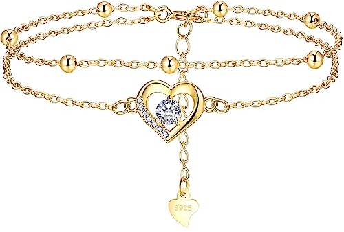 Lydreewam Herz Armband für Damen 925 Sterling Silber Doppel Armkette mit Kugeln und Zirkonia Muttertag Geburtstag Geschenk, verstellbar 17+4cm (Gold)