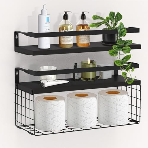 Piorlado vägghylla i trä 40 cm, med metallförvaringskorg svart, svävande hylla, set om 2, modern dekorativ hylla, vägg för badrum, sovrum, vardagsrum, kök, hemmakontor, tvättstuga (set med 2 st)