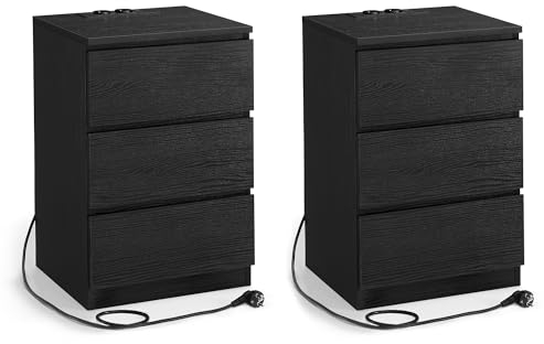 VASAGLE KAILYN Colección - Mesita de Noche con Estación de Carga, Juego de 2, Mesa Auxiliar con 3 Cajones, 2 Tomas AC, 2 Puertos USB, Salón, Dormitorio, Estudio, Negro Ébano LET831B56