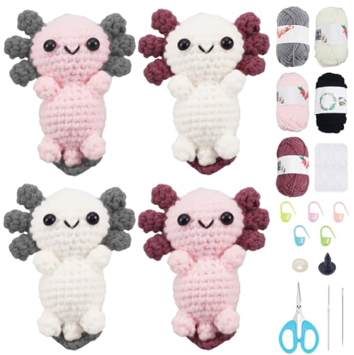FREEBLOSS Häkelset Axolotl Häkelgarn und Häkelnadel Set mit Anleitung - Häkeltier Set für Handarbeiten für Erwachsene Anfänger
