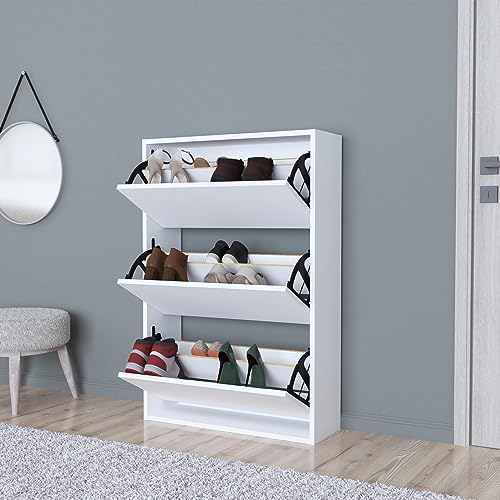 [en.casa] Schuhschrank Aurskog Schuhkipper für 18 Paare Schuhkommode mit 3 Kipptüren für Eingang, Flur 110 x 73,5 x 24 cm Weiß