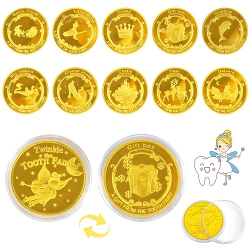 10 stycken tandfasmynt, tandad guldtalare, guld tandfe mynt, tandkräm gåvor idéer, förlorade tänder barn gåvor souvenir, för minnesmynt, tandfegåvor flickor pojkar
