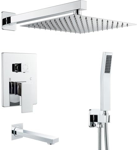 KINKIBOS Système de douche encastré à montage mural, 3 fonctions avec pommeau de douche haute pression de 25 cm, douchette à main et bec de bain, ensemble mitigeur de douche en laiton, chromé