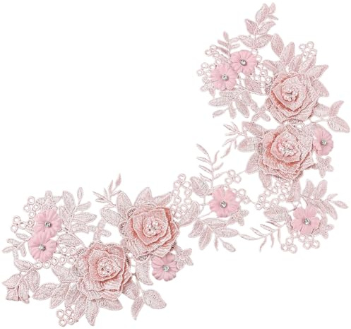 GORGECRAFT 2 pezzo Toppe Ricamate 3D Toppe In Pizzo Da Cucire su Toppe con Perline Floreali Ricamate Floreali con Perline Pizzo Tessuto Applicazioni di Perle per Cucire Vestiti Vestiti Jeans Rosa