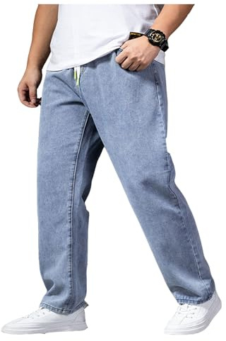 Pantalones vaqueros de talla grande - Pantalones vaqueros holgados para hombre, elásticos, holgados, cintura alta, elásticos, rectos, vaqueros lavados a la piedra, pantalones vaqueros largos,