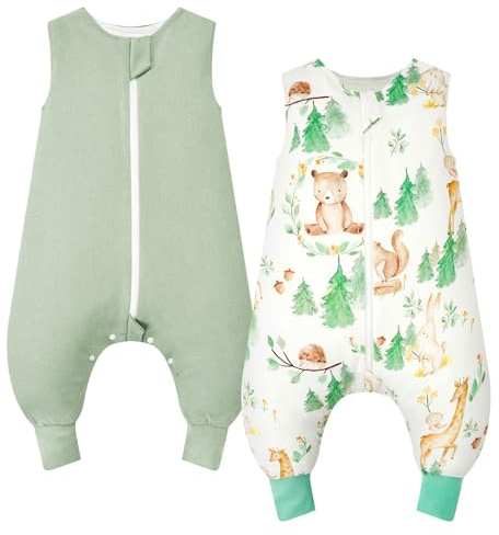 WYTbaby Gigoteuse a Pieds Tog 2 Pack Gigoteuse Bébé 100% Coton Gigoteuse sans Manches avec Jambes pour Garçons Filles Animaux de la forêt+Vert Clair 70cm (2 pièces)