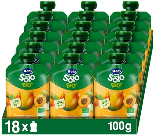 Hero Solo - Gourde de Fruits Bio Pomme Pêche Mangue et Jus de Citron - Sans Conservateurs Additifs Colorants Huile de Palme Gluten ni Sucres Ajoutés Dès 4 Mois 100gx18 unités