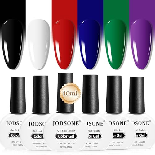 JODSONE 10ml Gel Nagellack Set 6 Farben Schwarz Weiß Rot Tief Blau Dunkel Grün Tief Lila Alle Jahreszeiten Neutral Soak off LED Lampe Gel Maniküre Set für Nagelkunst