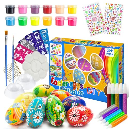Twinsun Easter Crafts for Kids, Easter Gifts for Kids DIY Decorations with White Hanging Eggs Ornament Paints and Glitter Stickers, Easter Craft for Home, Painting, DIY Decor
