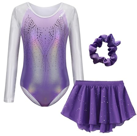 SEAUR Girls Long Sleeve Jumpsuit with Skirt Set Shiny Rhinestone Gymnastics Leotards Hair Tie 3 Piece Dance Outfits Purple 7-8 Years