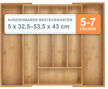 Relaxdays Besteckkasten, 5–7 Fächer, ausziehbarer Besteck Schubladeneinsatz, HxBxT: 5 x 32,5-53,5 x 43 cm, Bambus, Natur