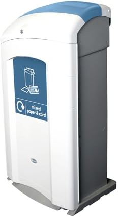 Glasdon Nexus 100 Mixed Recyclables Recycling Bin (Grey, Blue Sticker) - 100 Litre Recycling Container for Mixed Waste Paper & Card - Streamlined Mixed Recycling Bin