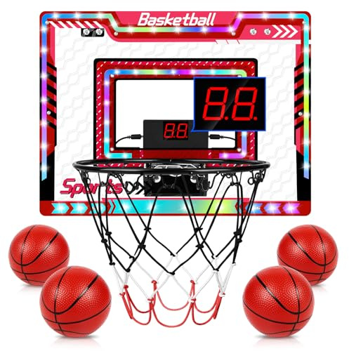 Canasta Baloncesto Infantil, Interior Exterior Canasta de Baloncesto para Niños Juguete con Marcador Electrónico, 4 Pelotas, Bomba para Niño de 5 6 7 8 9 10 11 12 Años