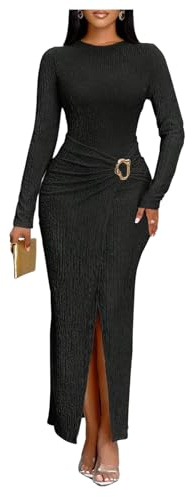 GORGLITTER Women's Ruched Bodycon Pencil Wrap Long Dresses Metal Ring Long Sleeve Crewneck Elegant Cocktail Dress Black Medium