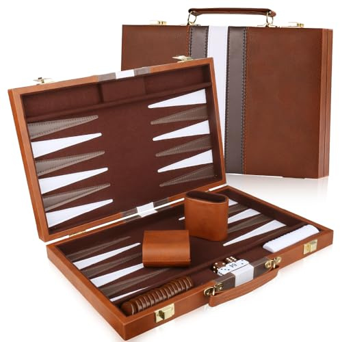 Travel Backgammon Set, Wooden Backgammon Set Luxury with Premium Leather Case, Portable Classic Strategy Back Gammon Board Game with Playing Pieces & Dice Cups for Adults and Children (Brown(15 Inch))