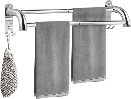 Ecofocet Barra de Toalla de Baño Extensible 43-75 cm Acero Inoxidable 304, Toalleros de Baño sin Taladro, Toalleros Dobles Acero Inoxidable, Montaje en Pared, para Baño y Cocina (Plata, 2 Barras)