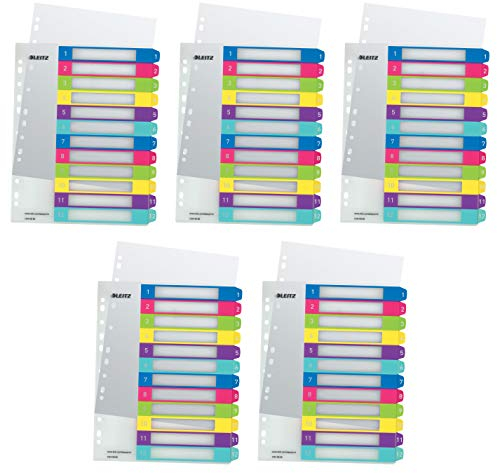 Leitz Register für A4, PC-beschriftbares Deckblatt und 12 Trennblätter, Taben mit Zahlenaufdruck 1-12, Überbreite (1-12 Taben, 5x Mehrfarbig)