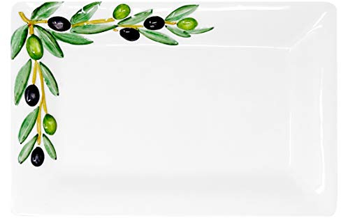 Lashuma Handgemachte, Rechteckige Servierplatte aus Italienischer Keramik, Fleischplatte im Olivendesign, Servierteller 32x20 cm