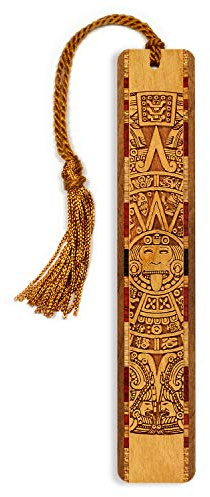Aztec Calendar Wooden Bookmark | Ancient Sun Stone Design | Handmade Wood Bookmark with Copper Collegiate-Style Chainette Tassel | Made in the USA