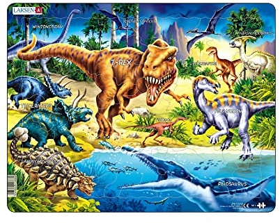Larsen Puzzle NB3 Dinosaurier aus der Kreidezeit, Alter 7–12, Lernpuzzle mit 57 Teilen, Rahmenpuzzle ohne Box