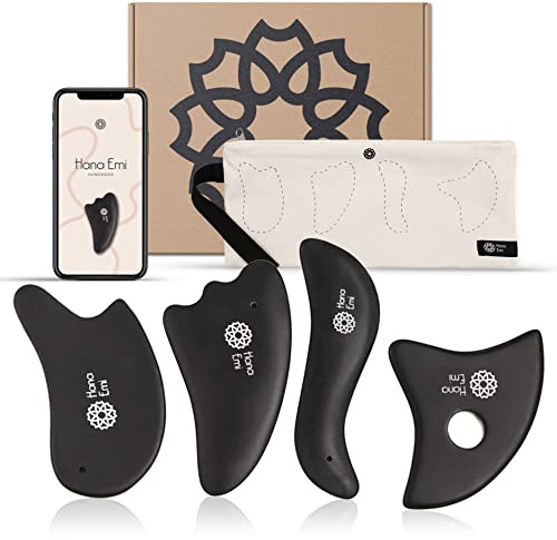 LUONKOS Gua Sha Stein Set - 4er Set, Schwarz, Bian-Stein - Lymphdrainage & Gesichtsmassage - Kieferentspannung - Beauty Geschenk für Damen - Skincare Massage Set