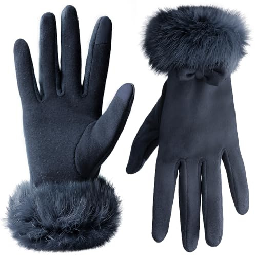 Vagasi Gants Cuir Femme Véritable Suédé Poils Hiver Chaud Epais Mouffle Ecran Tactile Doublure Polaire Confortable Conduite Jogging Extérieur,Bleu marine,Taille unique