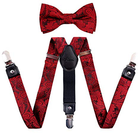 Alizeal Boys Adjustable Floral Paisley Pre-tied Bow Tie and Elastic Y Shape 3 Clips Suspenders Set, Wine Red