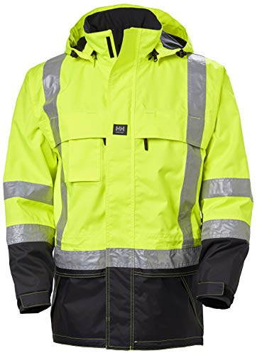 Helly Hansen Potsdam Mens Hi-Vis Rain Jacket - Waterproof Windproof Work Rain Gear - Safety Jacket with Pockets - Hi Vis 369 Yellow/Charcoal - Large