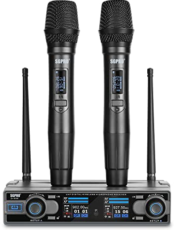 SGPRO Handheld Wireless Microphone Set of 2, Cordless Professional Dual Set, Unidirectional Cardioid, Public and Home Use with AA Batteries Powered Microphones, 262Feet 20 Preset UHF Frequencies
