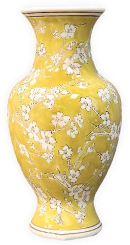 Galt International 14” Hand Painted Chinoiserie Ceramic Vase – Antique Style Porcelain Flower Bottle by Galt International, Fishtail Chinese Vase for Home Decor & Centerpiece - Yellow and White Sakura