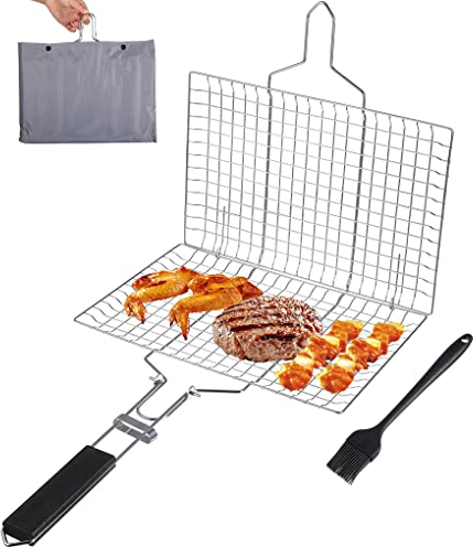 Portátil Canasta Parrilla - Parrilla Barbacoa Acero inoxidable, Plegable Cesta Parrilla Pescado para Bistec Verduras Camarones con Asa, Cepillo para Rociar y Bolsa de Almacenamiento (32x22cm)