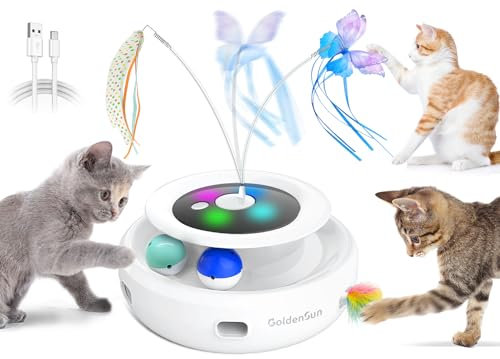 GoldenSun 3-in-1 Interactive Cat Toys for Indoor Cats 2000mAh Type-C Rechargeable Power Balls & Handmade Butterfly Cat Feather Toy Auto On/Off, Cat Teaser with 6 Attachments, Bright White