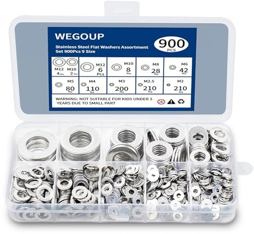 WEGOUP 900 Pcs Stainless Steel Flat Washers for Screws, Assorted Sizes