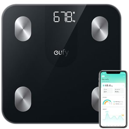 eufy Weighing Scales for Body Weight, Digital Bathroom Scales with Bluetooth, Body Fat Scales, 12 Measurements, Weight/Body Fat/BMI, Fitness Body Composition Analysis, Black, lbs/kg, Smart Scale A1