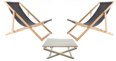 WOODOK 2er Liegestuhl Klappbar - Gartenliege Klappbar bis 120kg, Sonnenliege aus Buchenholz ohne Armlehne - 3-Stufige Rückenlehnenverstellung (2X Grau + Couchtisch)