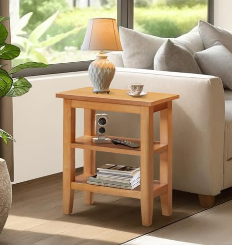 Hallowood Furniture Aston Narrow Side Table with 2 Open Shelves, Oak Effect Coffee Table, Wooden Side Tables for Living Room, Bedroom or Hallway, Small Tables for Small Spaces