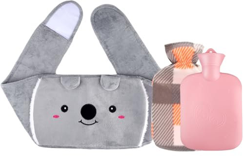 OBSGUMU Wärmflaschengürtel, 3 in 1 Koala Wärmflasche Gürtel, 1L Tragbare Wärmflaschen mit Weichem Taillen Bezug, 120x19cm Hot Water Bottle Belt für Taille, Unterleib, Hände, Schulter und Fuß